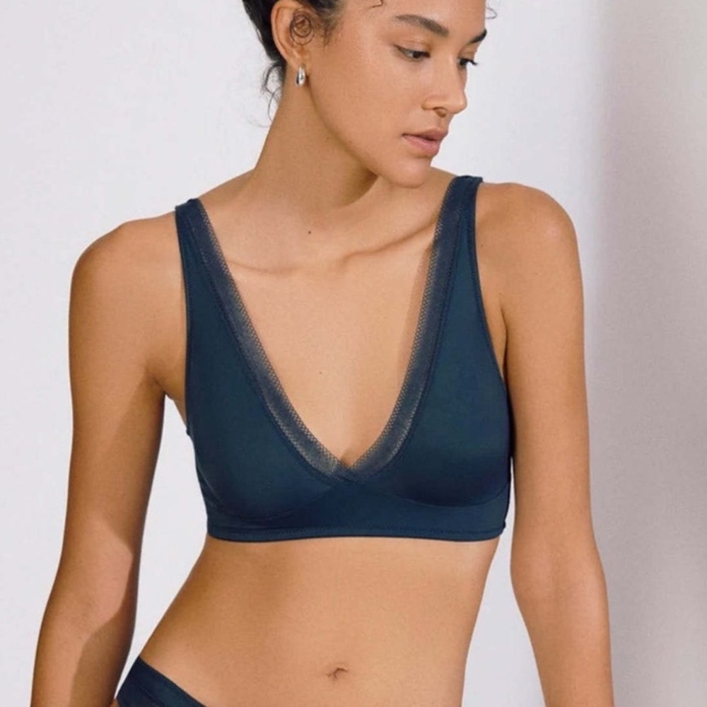 Else‎ Nano Soft Cup Plunge Bra Teal Blue Lace Trim Bralette 38C 40B XL